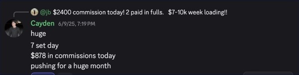 Cayden’s post reporting seven sets and $878 in commissions that day.